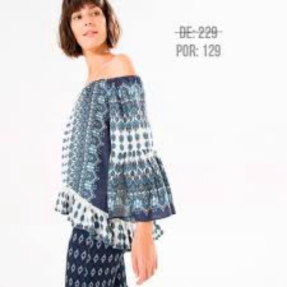 Anthropologie Farm Rio Flowy Off Shoulder Boho Blue/white Print Ruffled Blouse